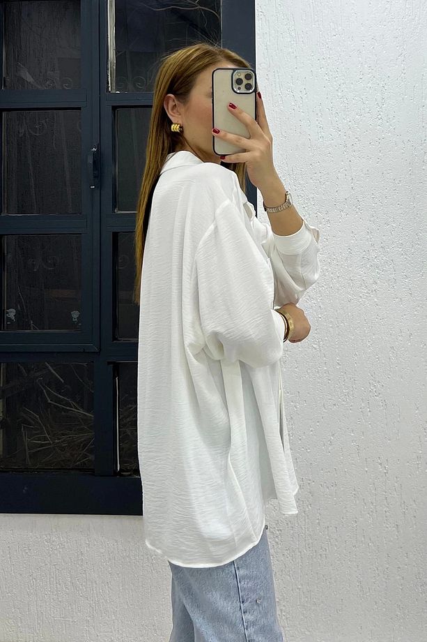 Ayrobin Kumaş Tek Cep Oversize Gömlek Beyaz - 4