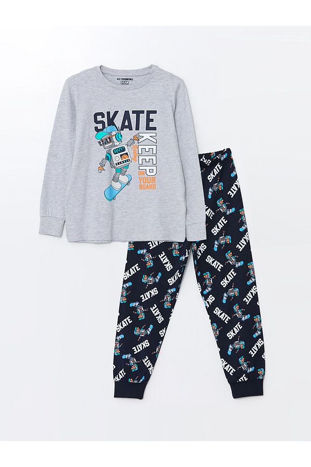 Lcwk Bisiklet Yaka Baskılı Uzun Kollu Erkek Çocuk Pijama Takımı - 1