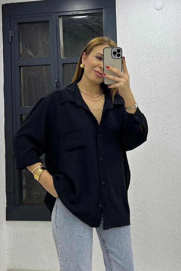 Ayrobin Kumaş Tek Cep Oversize Gömlek Siyah - 4
