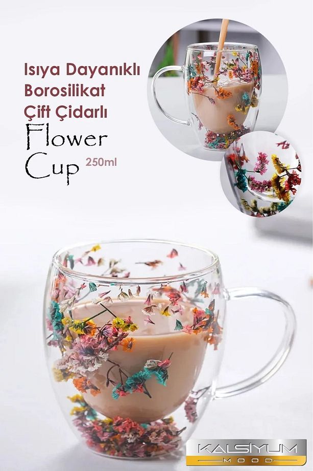 2 li Isıya Dayanıklı  Bitki Çay Bardağı Çiçekli Bardak Borosilikat Çift Çidarlı Bitki Çay Kahve - 3