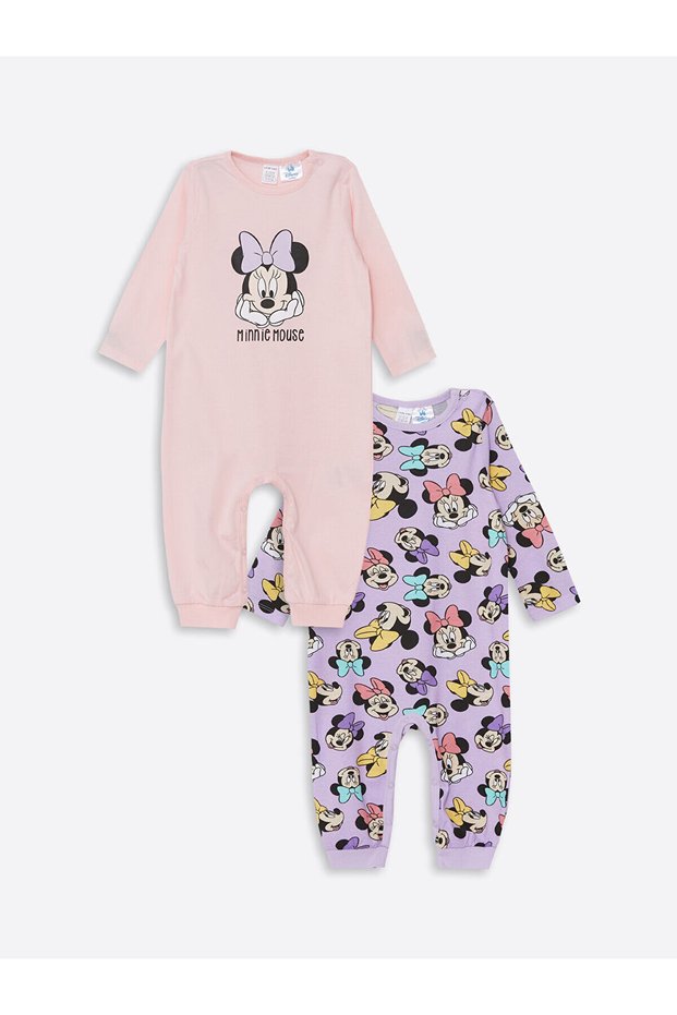 Lw - Crew Neck Long Sleeve Minnie Mouse Printed Baby Girl Jumpsuit 2 Pieces