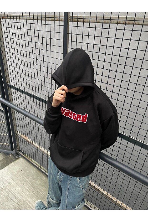 Wasted Printed Black Hoodie Sweatshirt