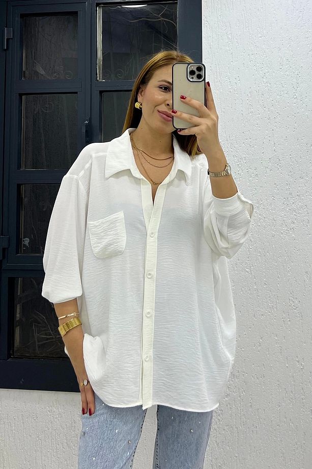 Ayrobin Kumaş Tek Cep Oversize Gömlek Beyaz - 1