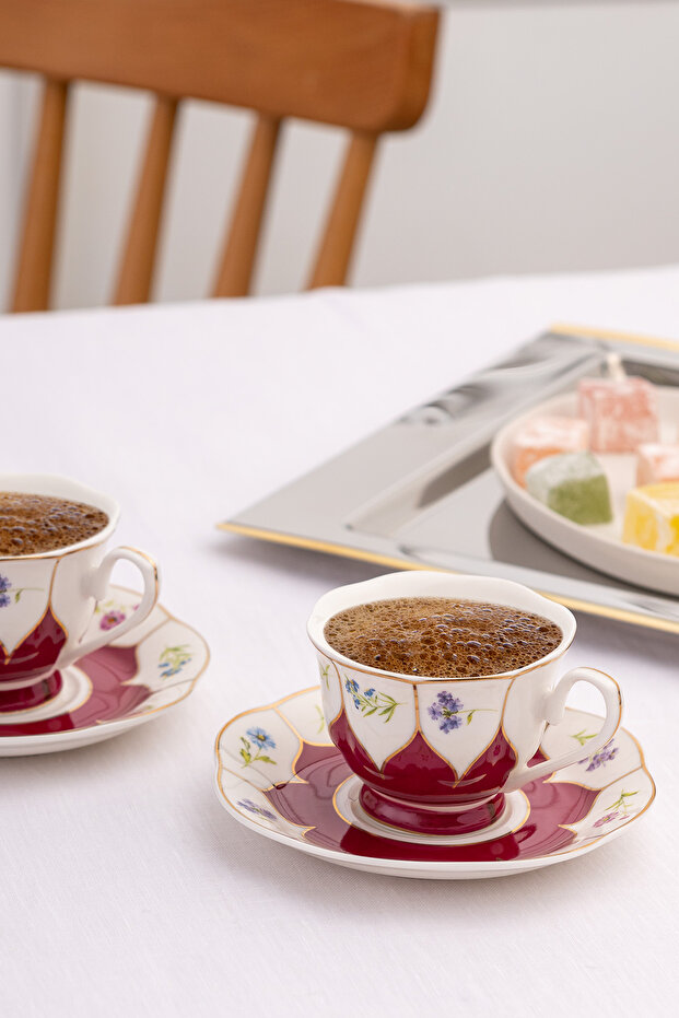 Kır Çiçekleri 2 Kişilik Kahve Fincan Takımı Bordo 80 ml - 1