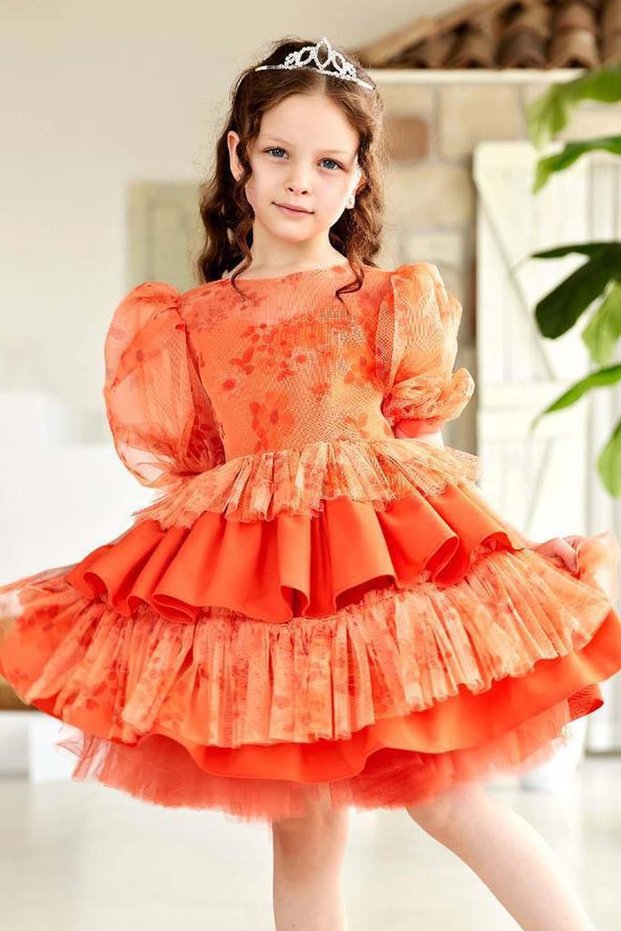 Girls' Orange Evening Dress with Floral Detail Tiered Ruffles