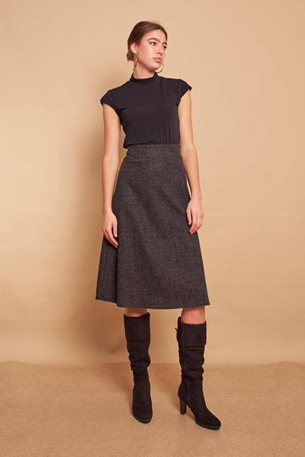 Women's Winter Woolen Jacquard Light Lycra Fabric High Waist Long A-Line Skirt-Khaki Diagonal