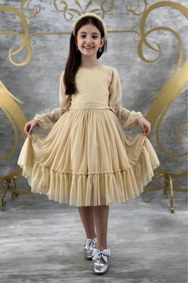 Girl's Crew Neck Sleeves Transparent Skirt Tulle Silvery Gold Evening Dress
