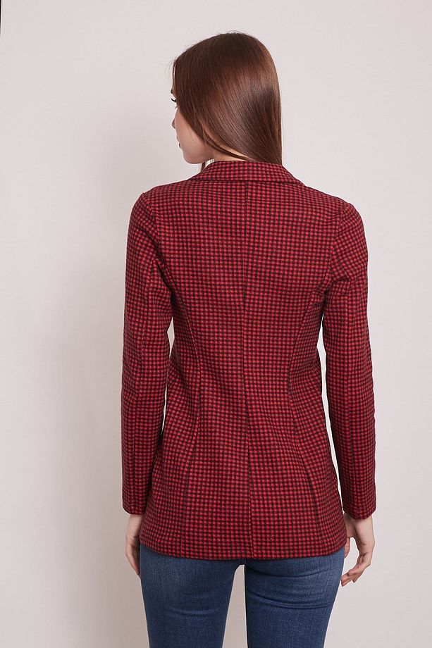 Ekose Desenli Yakalı Uzun Kol Tek Düğme Yünlü Kumaş Blazer Ceket-kırmızı Pöti Kare - 5