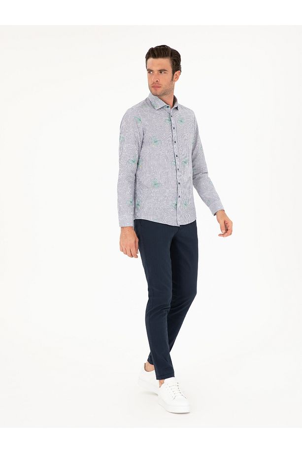 İndigo Keten Karışımlı Slim Fit Uzun Kollu Gömlek 50233192-VR028 - 4