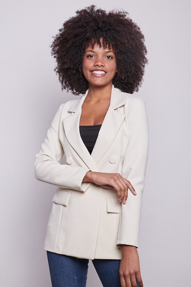 Women's Button Detailed Long Sleeve Stylish Office Ornamental Pocket Flap Fabric Blazer Jacket-Champagne