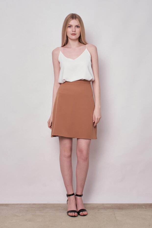 High Waist Light Lycra Fabric Knee Length Bell Skirt-Camel