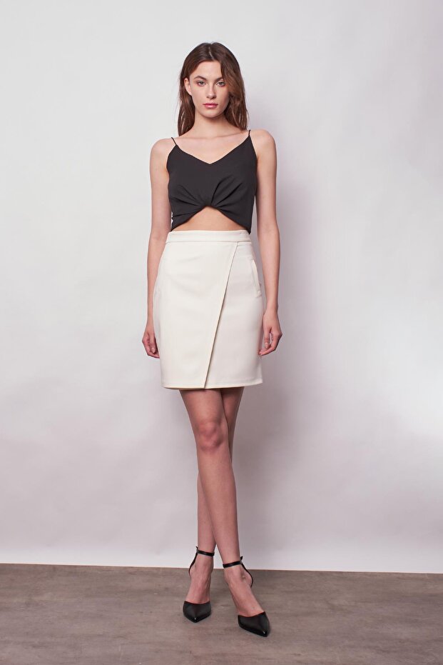 High Waist Wrap Double Breasted Light Lycra Fabric Pencil Office Skirt-Cream