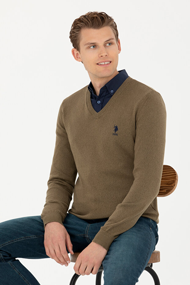 Men's Khaki V-Neck Sweater 50277106-Vr027
