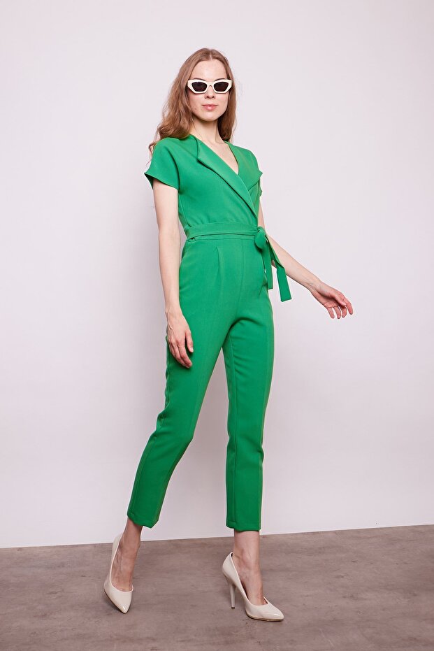 Shawl Collar Off Shoulder Lace up Ankle Length Stylish Cotton Stretch Fabric Fabric Jumpsuit-B.Green