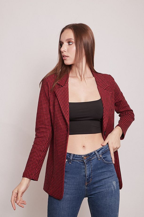 Ekose Desenli Yakalı Uzun Kol Tek Düğme Yünlü Kumaş Blazer Ceket-kırmızı Pöti Kare - 3