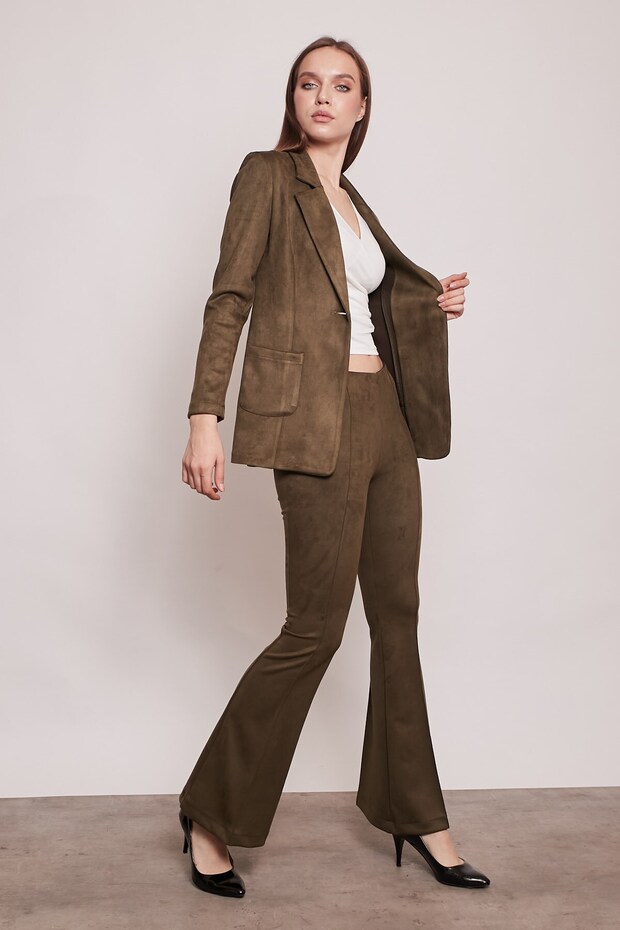 Suede Fabric Pocket Detailed Buttoned Stylish Blazer Jacket-Khaki