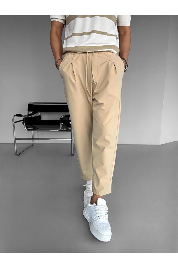 Beige Men's Regular Fit Parachute Fabric Trousers