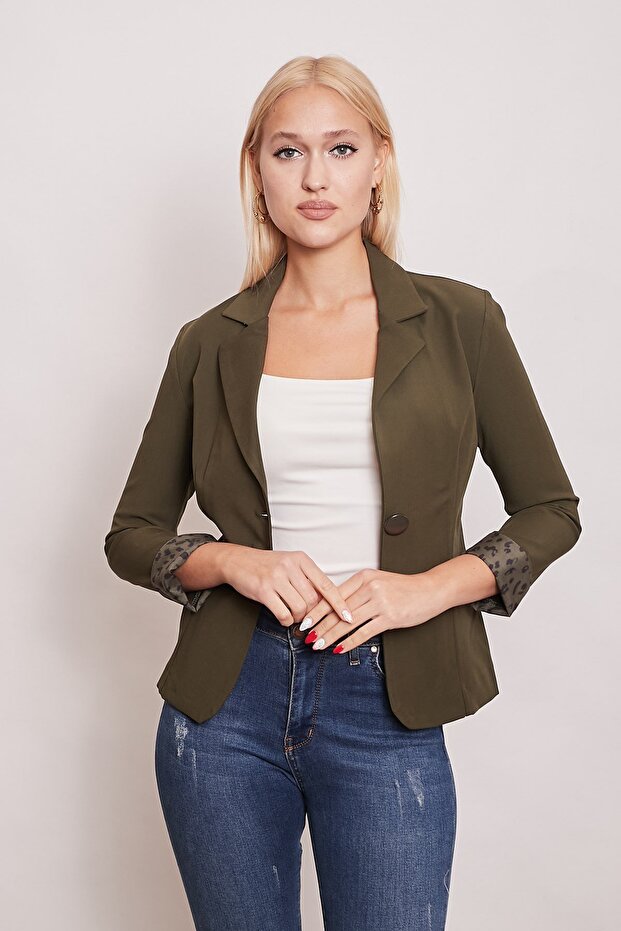 Collared Flato Pocketed Long Sleeve Office Stylish Blazer Fabric Jacket-Dark Green