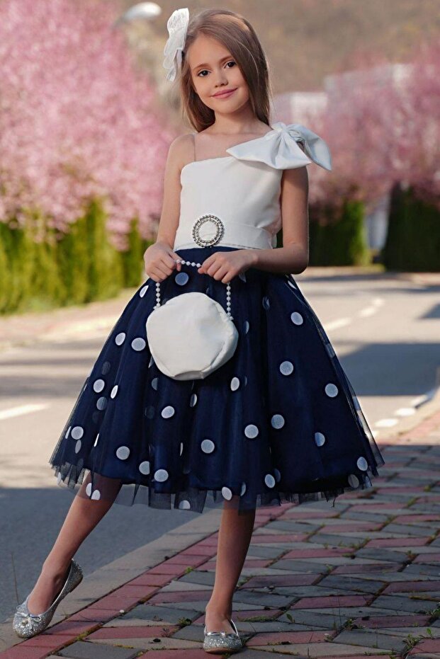 Girl's One Shoulder Polka Dot Detailed Navy Blue Evening Dress