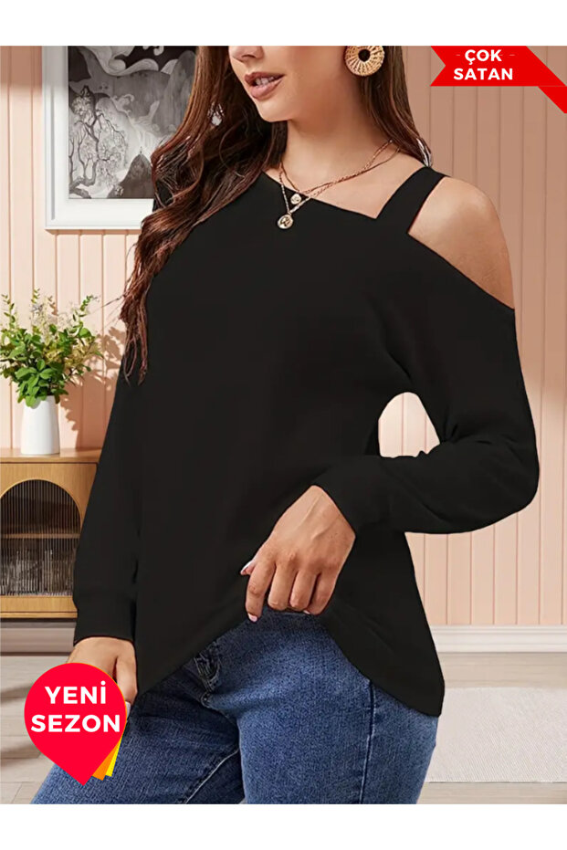 Stl Solid Cold Shoulder T-Shirt, Comfortable Long Sleeve Top for Spring and Autumn, Women's Clothing