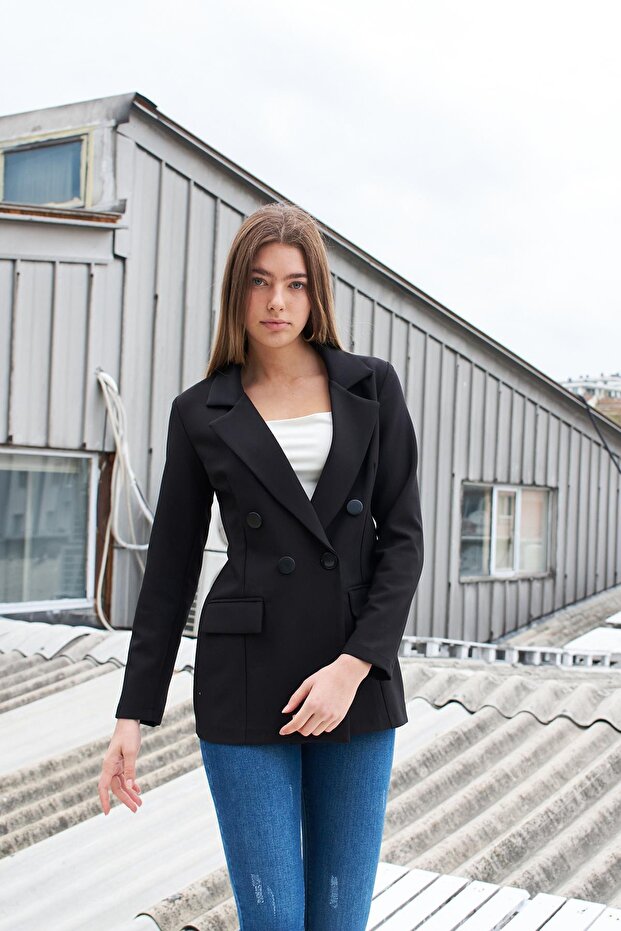 Women's Button Detailed Long Sleeve Stylish Office Ornamental Pocket Flap Fabric Blazer Jacket-Black