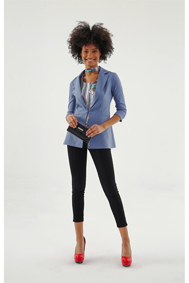 Kapri Three Quarter Sleeve Ornamental Pocketed Office Blazer Fabric Jacket-Dirty Blue