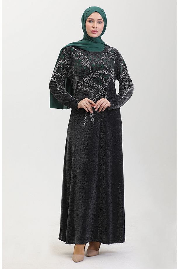 Taşlı Abiye Elbise 0433-01 Siyah Yeşil - 3