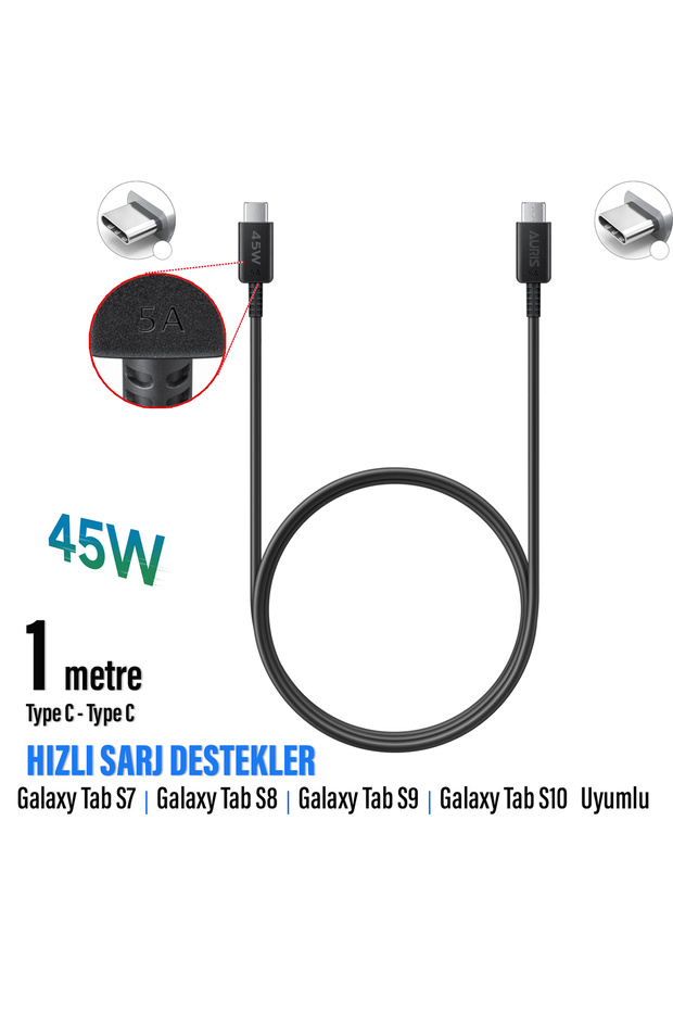 Samsung Galaxy Tab S7 Tab S8 Tab S9 Tab S10 Type C Hızlı Şarj Kablosu - 1