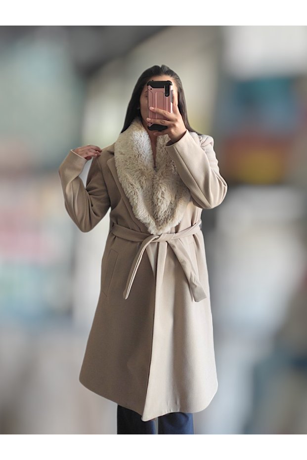 Women's Detachable Plush Detailed Beige Belted Stamped Thick Lined Coat