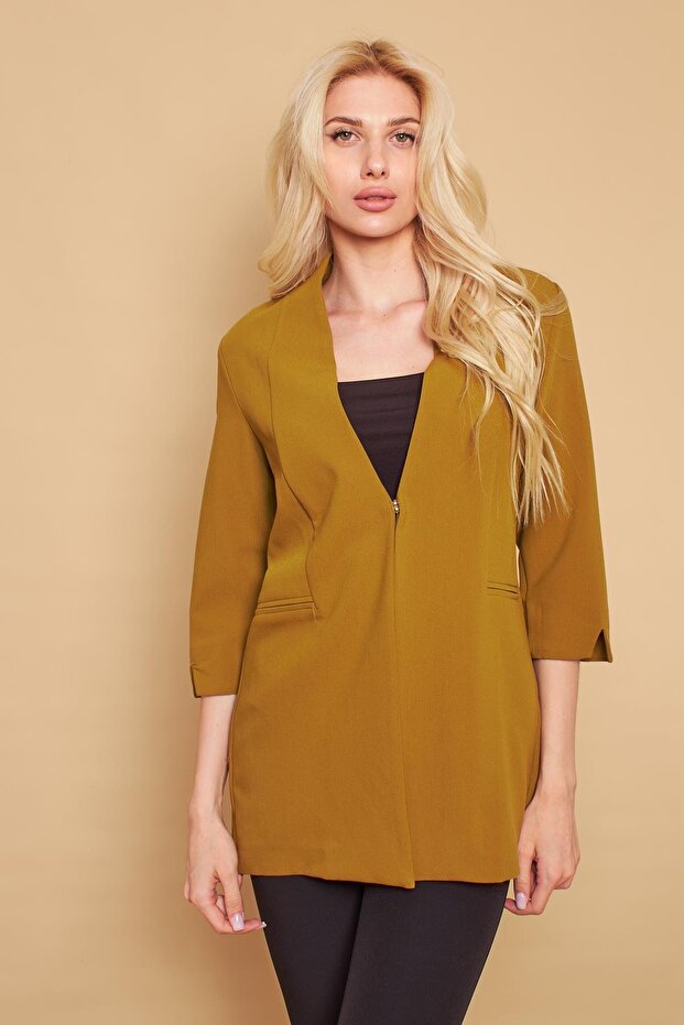 Judge Collar Flato Pocket Slit Sleeve Long Blazer Cotton Lycra Fabric Jacket-Oil Green
