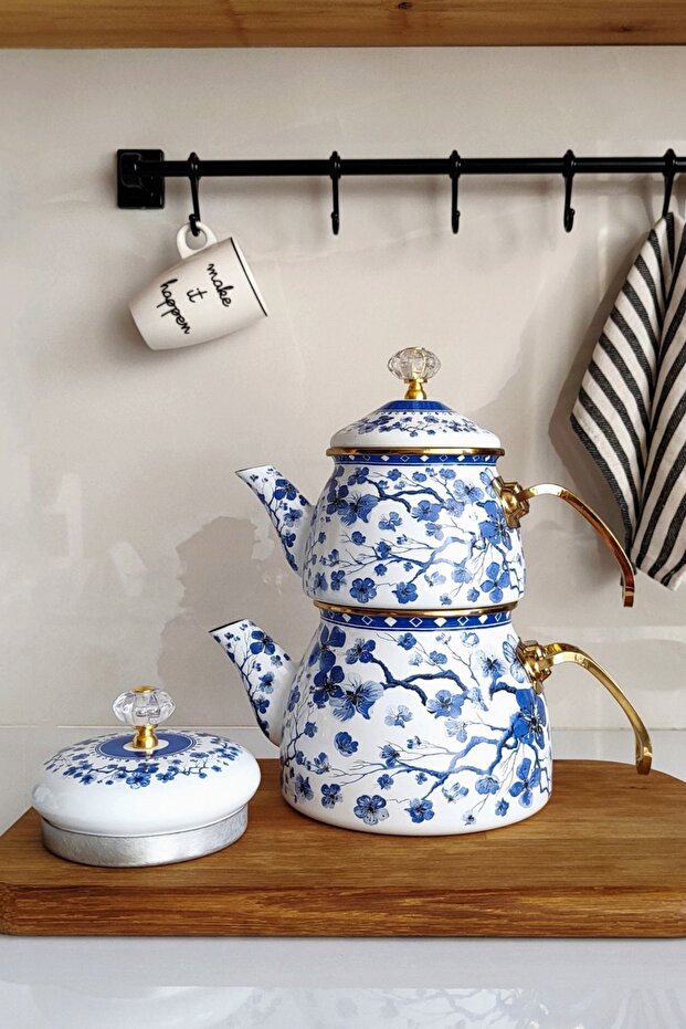Double lid blue flower enamel teapot set, gold handle enamel teapot set