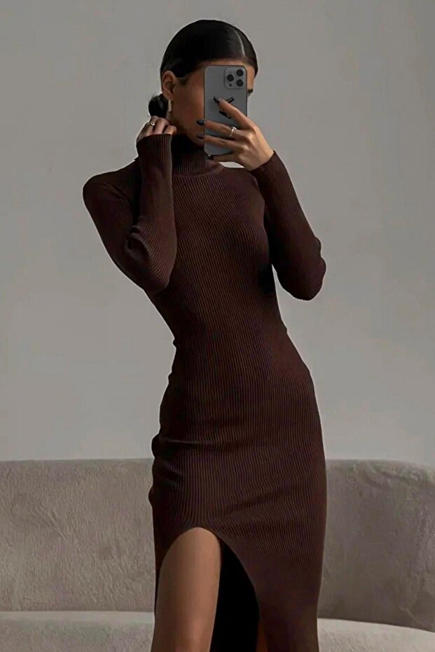 Bitter Brown Turtleneck Slit Women's Dress Mg1735