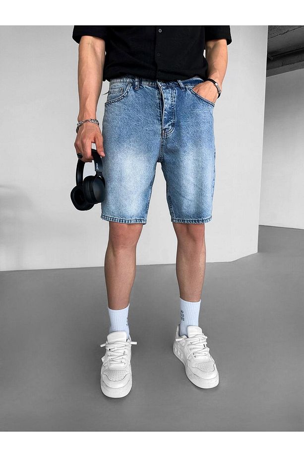 Erkek Baggy Basic Jean Şort Mavi - 2