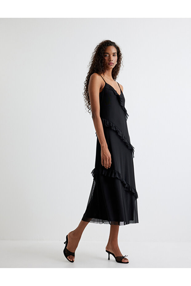Long Ruffle Dress Thin Straps V-Neck Tulle