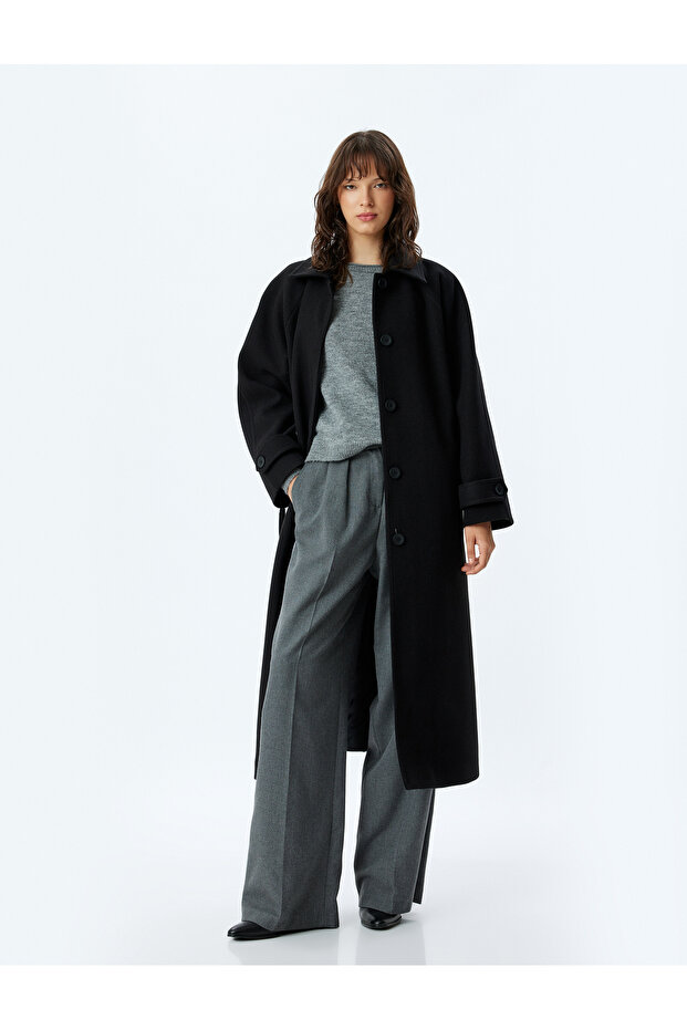 Extra Long Stamp Coat with Buttoned Pockets and Belt Detail
