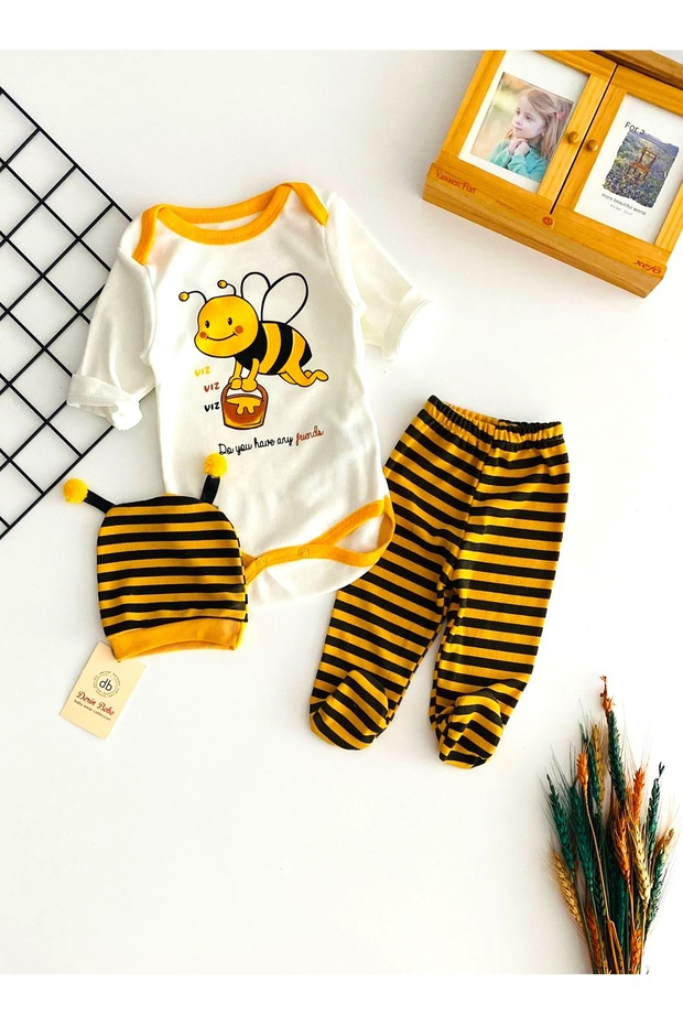 Cheerful Babies Bee Printed Hat and Bootie Three-Piece Set