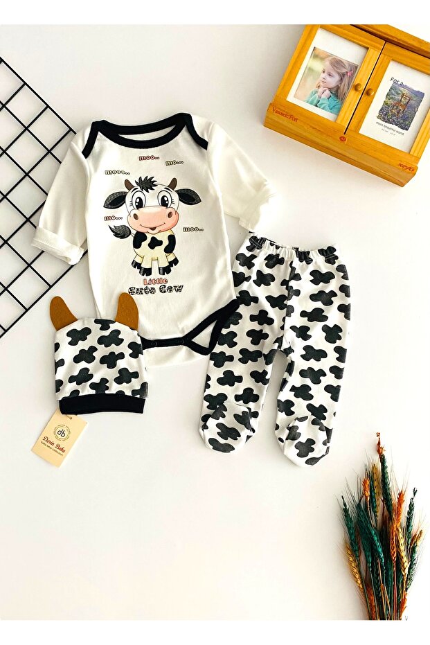 Cheerful Babies Cow Printed Three-Piece Set with Beanie and Booties