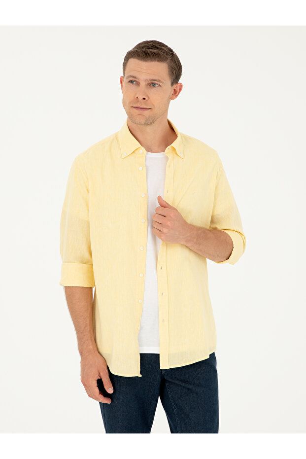 Yellow Linen Blended Slim Fit Long Sleeve Shirt 50250813-Vr044
