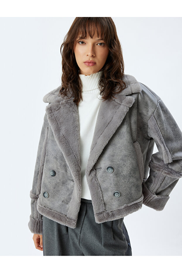 Faux Leather Jacket with Faux Fur Collar, Plush Detail, Double-Breasted and Pockets