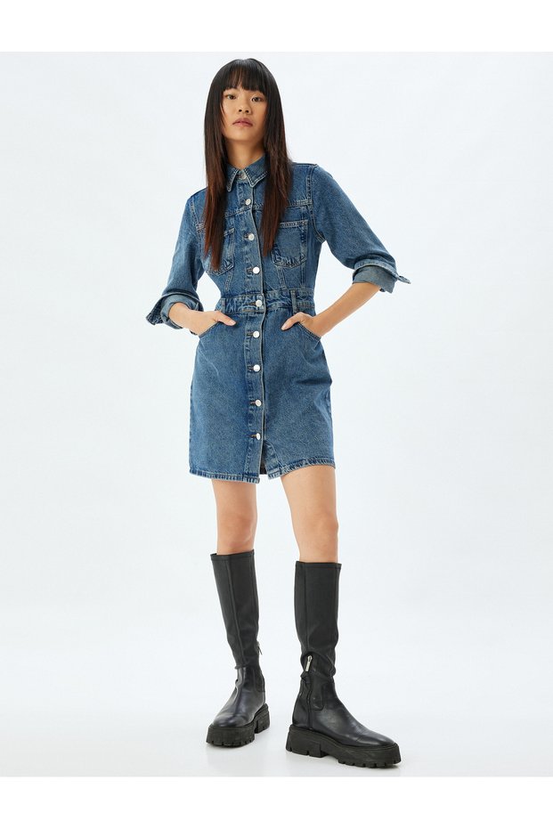 Mini Denim Shirt Dress - Buttoned, Pocket Detail, Long Sleeve