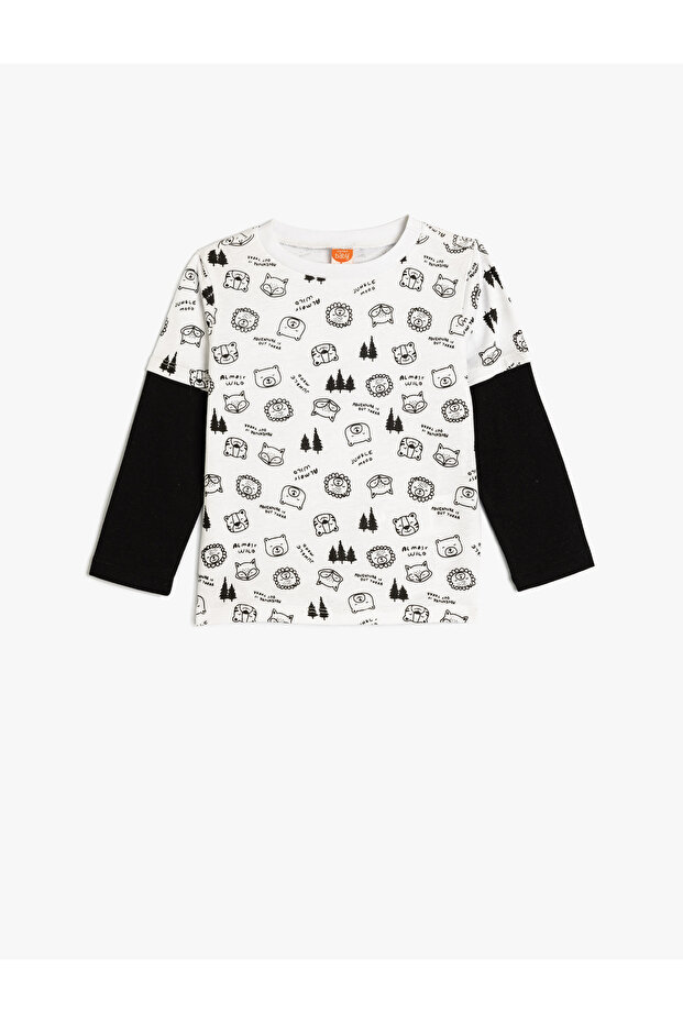 T-Shirt Long Sleeve Crew Neck Animals Printed Cotton