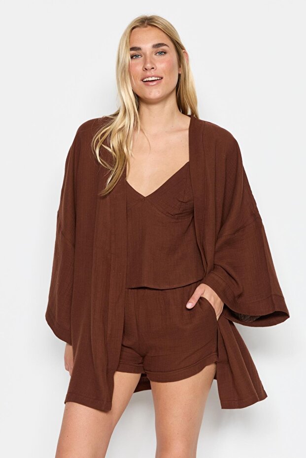 3-Piece Organic Cotton Muslin Kimono Shorts Set 9121 Brown