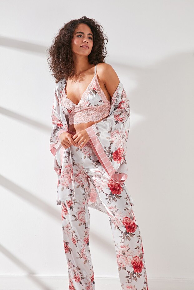 Bralet with Pants Dressing Gown 3-Piece Satin Pajama Set 9064 Pink/Ecru