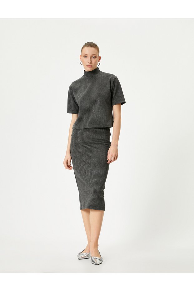 Midi Pencil Skirt Regular Waist Silvery