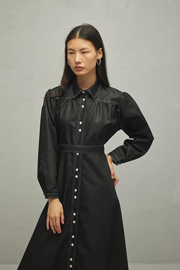 Dikişli Elbise Kot Siyah - 3