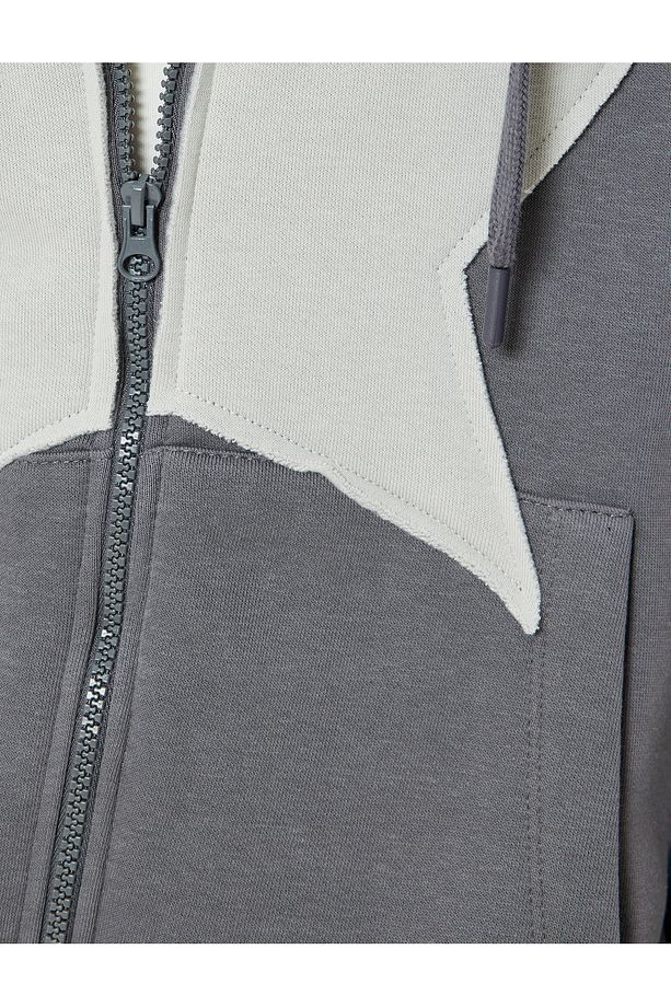 Şardonlu Oversize Fermuarlı Sweatshirt Yıldız Işlemeli Kanguru Cepli - 6