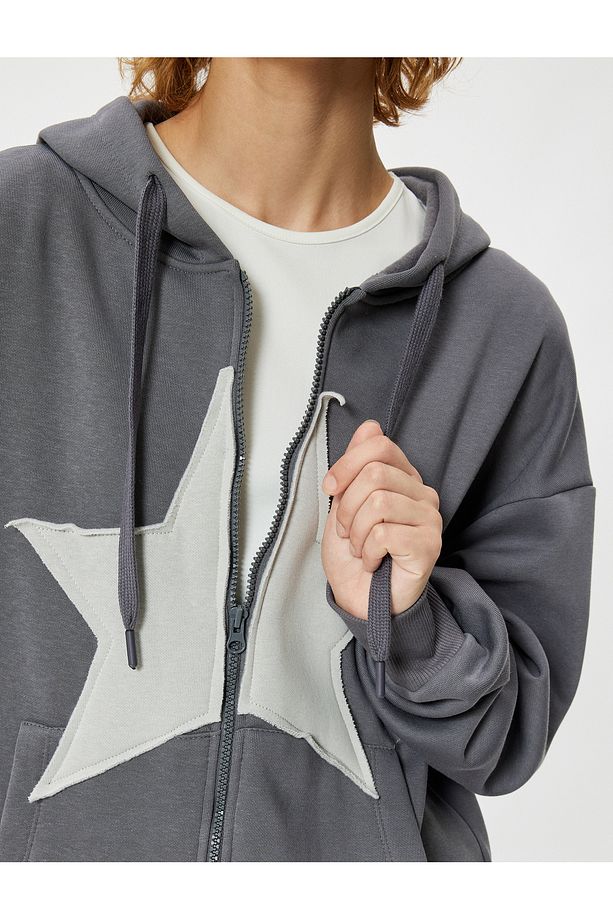 Şardonlu Oversize Fermuarlı Sweatshirt Yıldız Işlemeli Kanguru Cepli - 5
