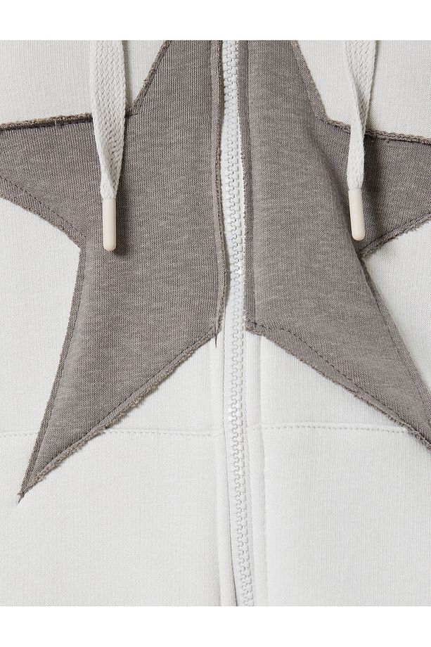 Oversize Fermuarlı Sweatshirt Kapüşonlu Yıldız İşlemeli Cep Detaylı Şardonlu - 6