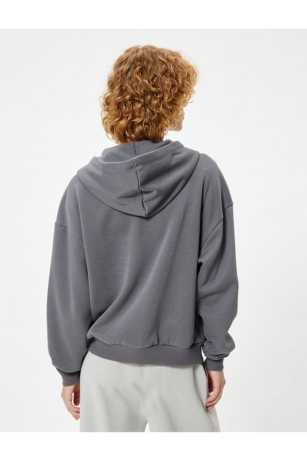 Şardonlu Oversize Fermuarlı Sweatshirt Yıldız Işlemeli Kanguru Cepli - 4
