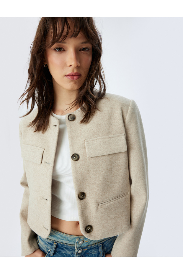 Round Neck Buttoned Pocketed Textured Stamped Crop Jacket